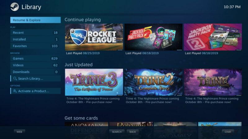 Steam library, onde o catálogo consta cada jogo adquirido online em sua conta da Steam.